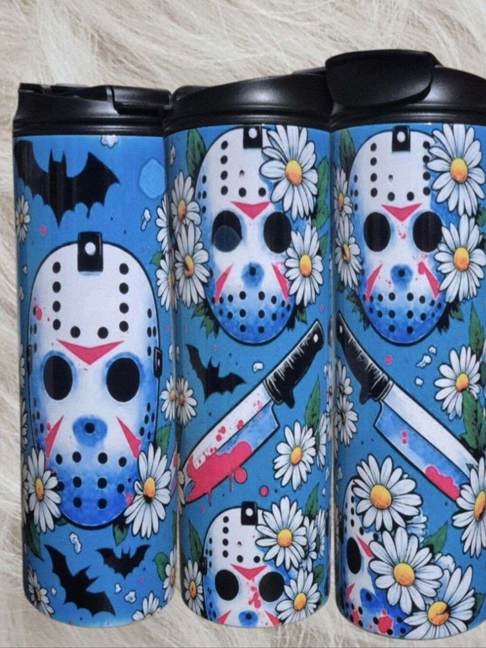 Blue Floral Jason Mask Waterbottle - Daisy & Knife Design